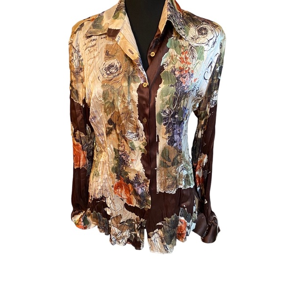 Roberta Cavalli multicolor, floral, print blouse button front wrist with ties XL - Picture 1 of 6